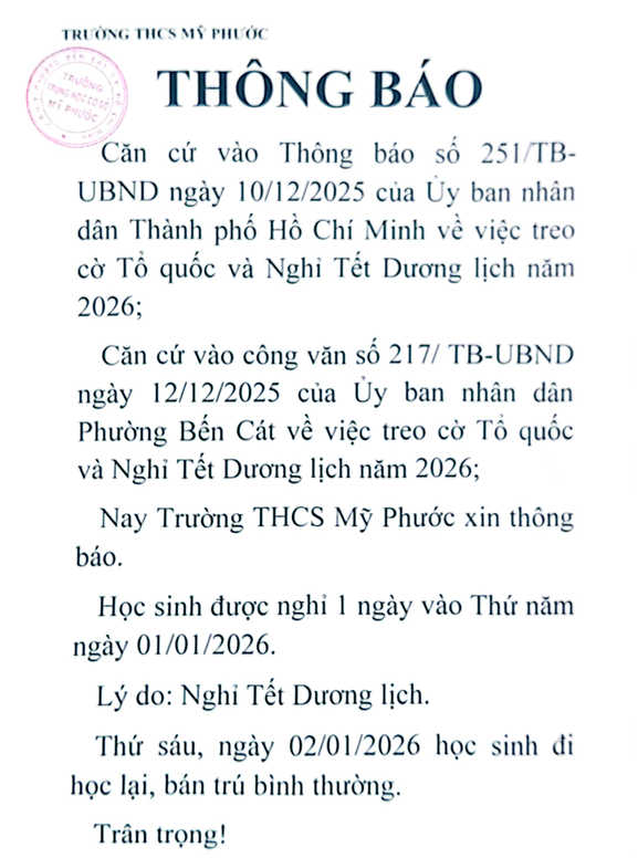 THÔNG BÁO NGHỈ TẾT DƯƠNG LỊCH 2026