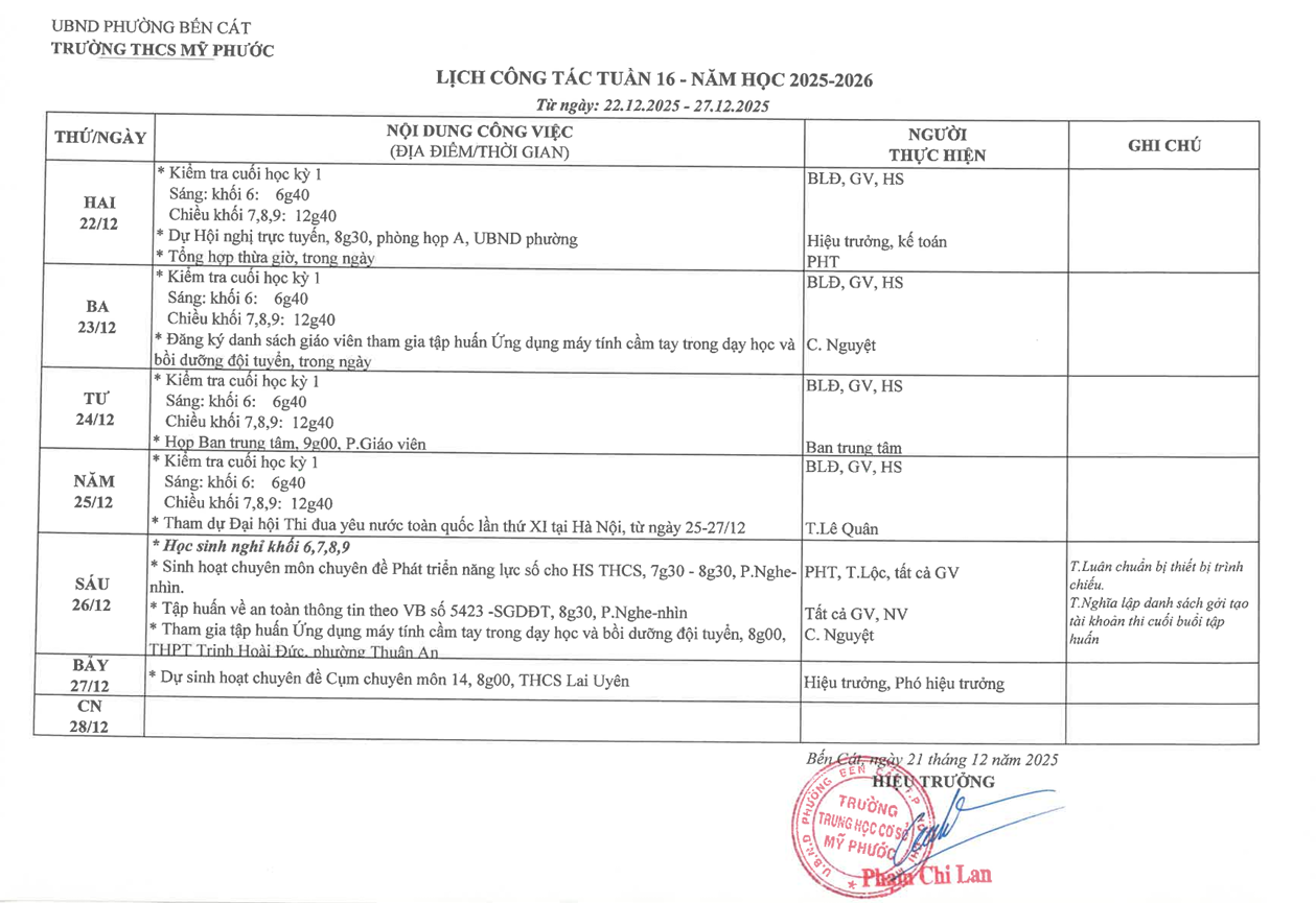 Lịch công tác tuần 16, năm học 2025 - 2026