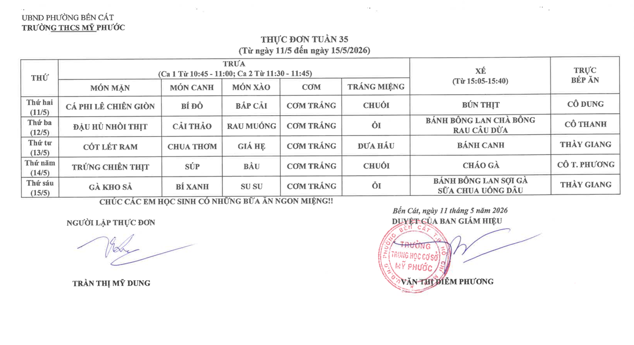 Thực đơn tuần 35, năm học 2025-2026